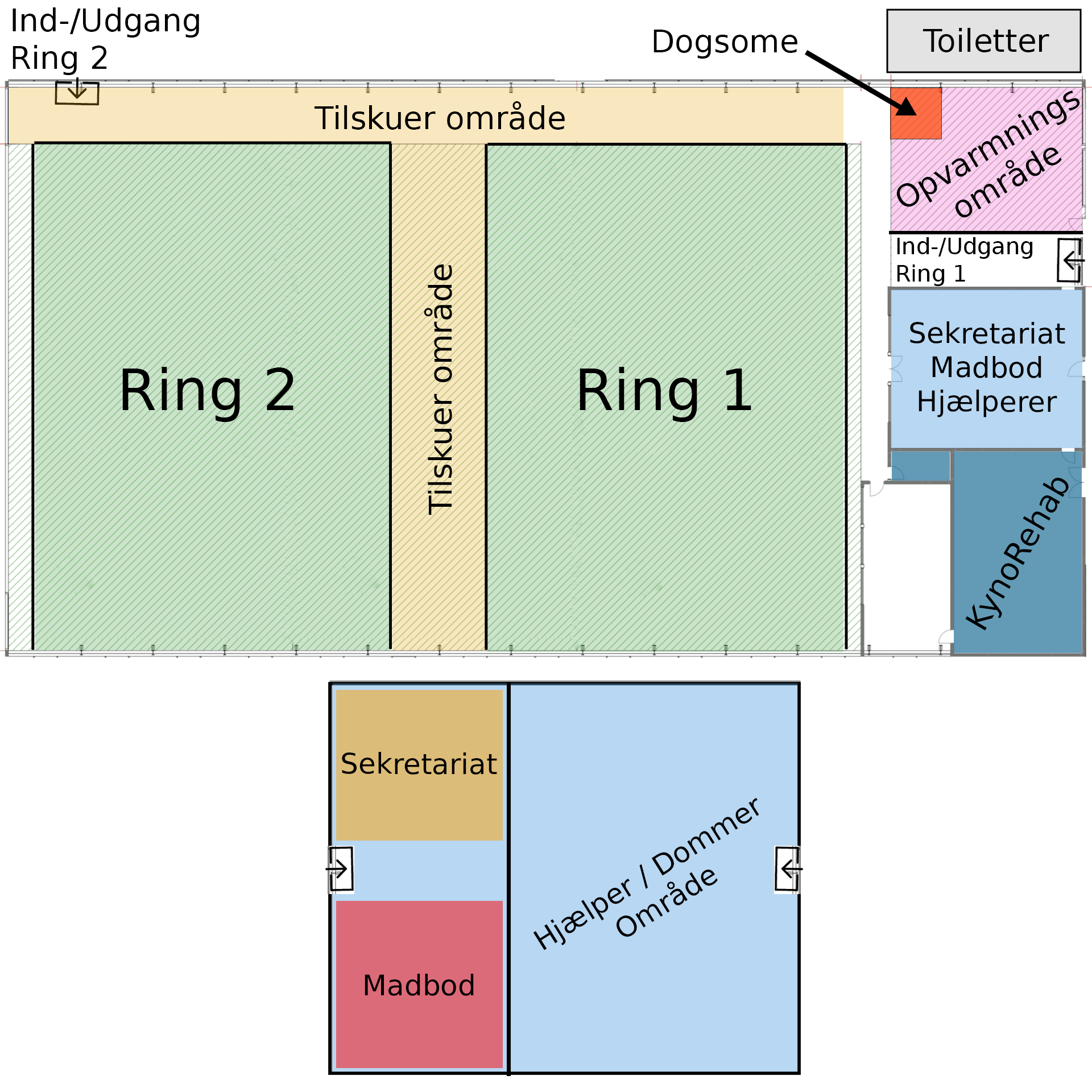 Kort over hallen + lokalet med sekretariat, madbod, hjælper/dommer område samt KynoRehab og Dogsome